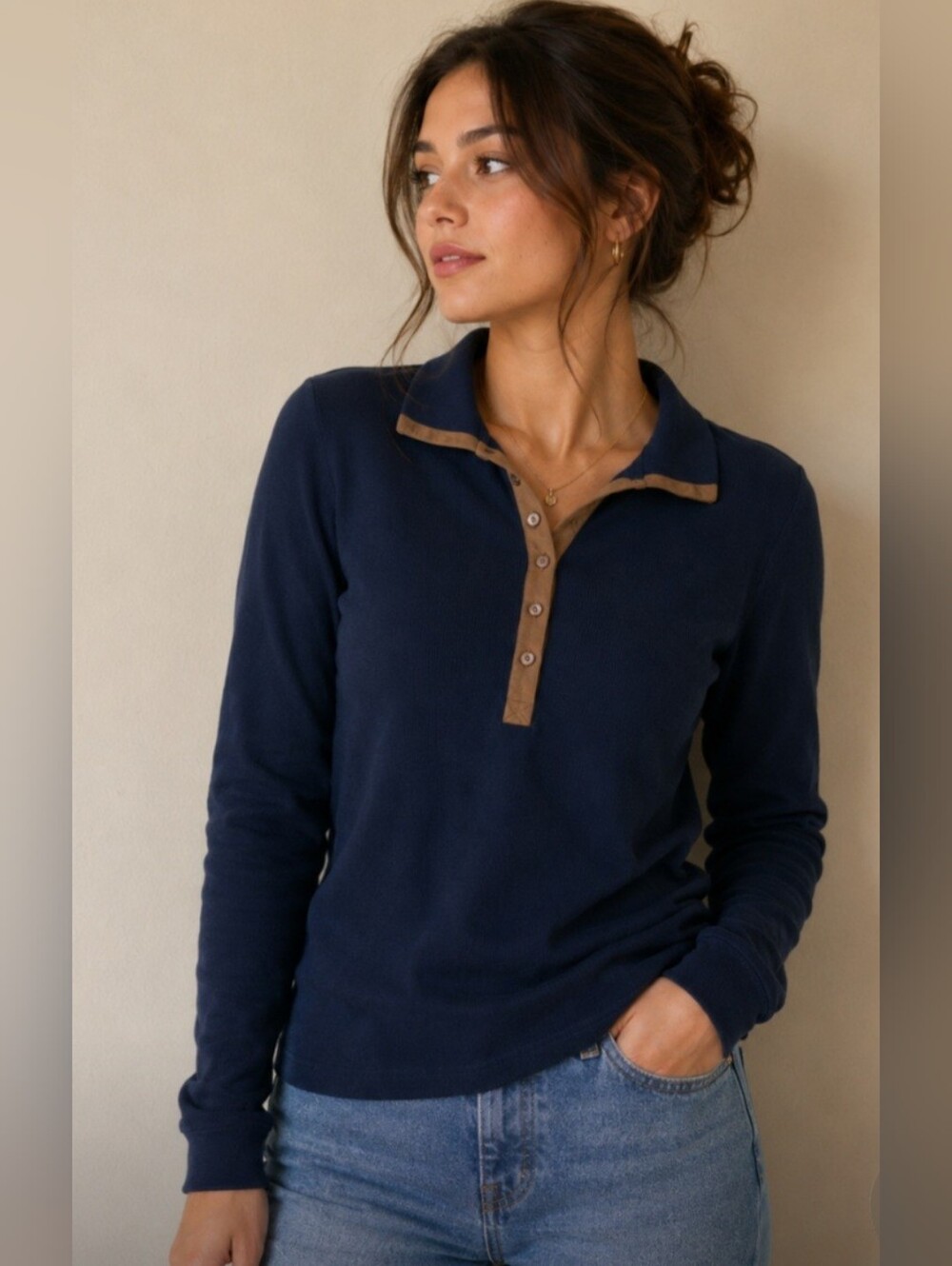 Chaps Denim Navy Polo with Tan Trim Size Medium